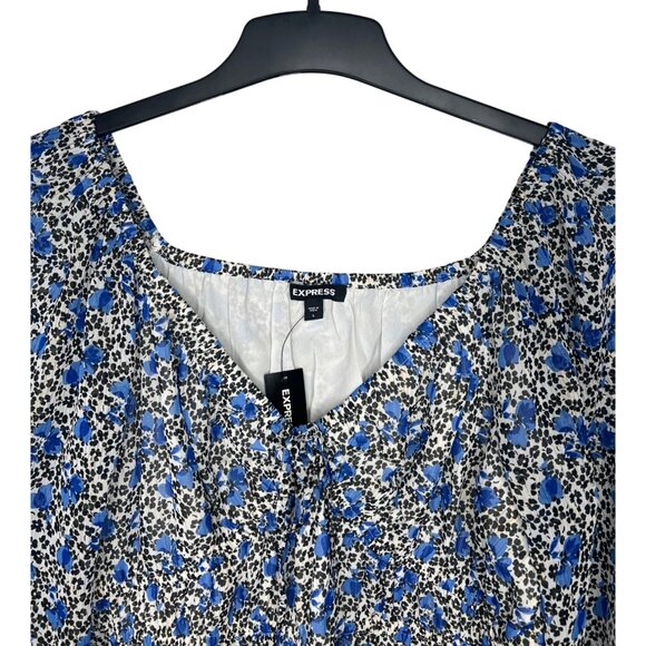 Express Blue Floral Long-Sleeve Cropped Blouse With Ruched Bust Size Large - Picture 12 of 15